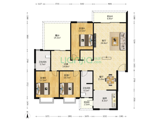 石油华宇苑 3室2厅2卫 141平方