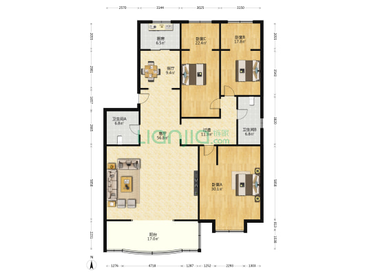 农行家属院 3室2厅2卫 233平方