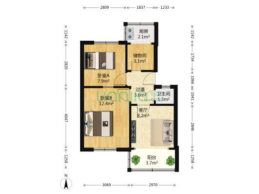 石家庄市军休二所 2室1厅1卫 52平方