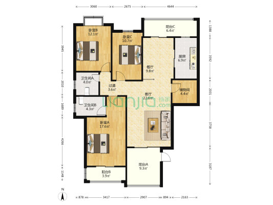景都花园东区 3室2厅2卫 136平方