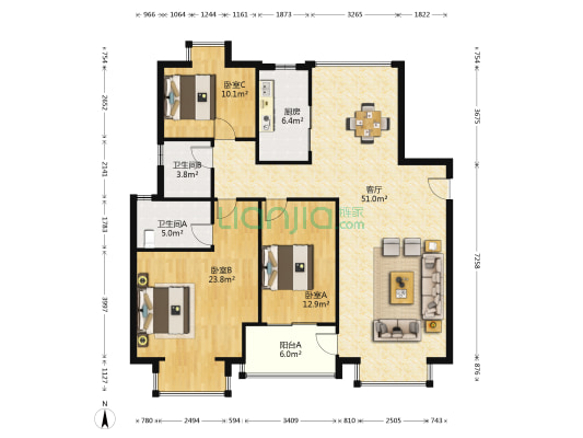 丽致星河 3室1厅2卫 144平方