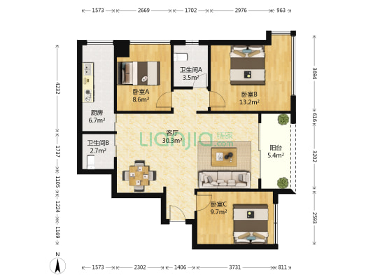 星都豪庭 3室1厅2卫 86平方