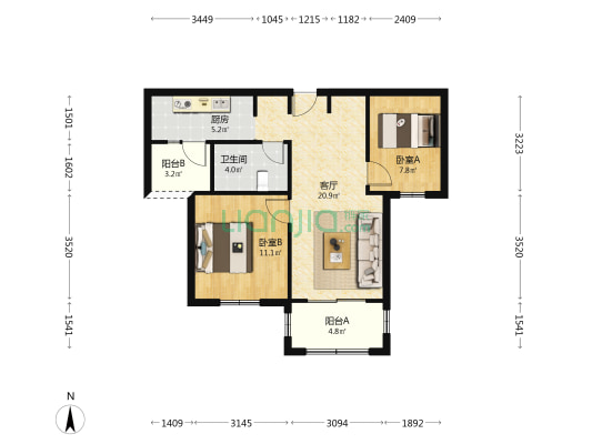 金海华城佳洁景苑 2室1厅1卫 77平方