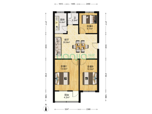 人民西路20号 3室1厅1卫 88平方