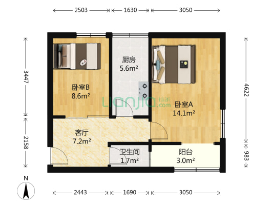 日坛北路2号院 2室1厅1卫 50平方