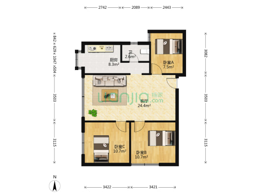 江南大道50到66号 3室1厅1卫 84平方