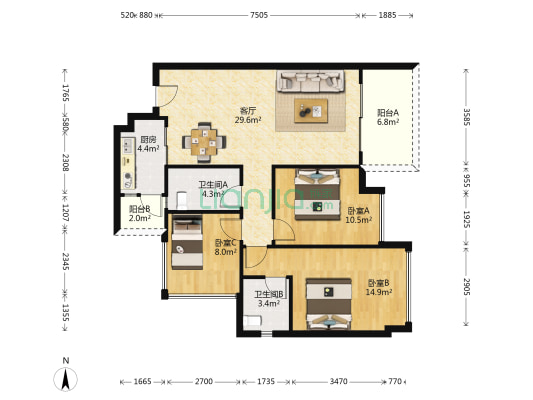 中洲里程 3室1厅2卫 98平方