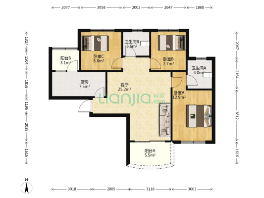 万辉花园 3室1厅2卫 92平方