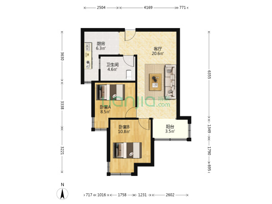 房子属于朝南两居毛坯房中间楼层-户型图