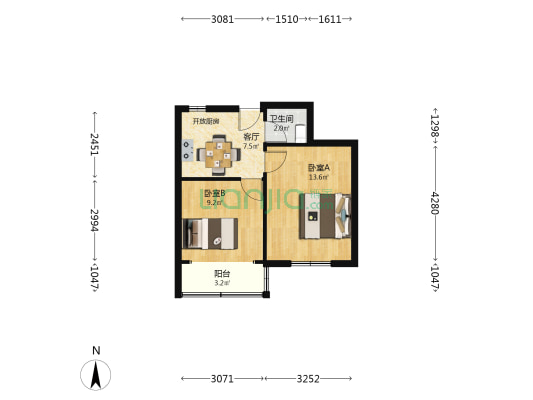 上海中学住宅区 2室1厅1卫 46平方
