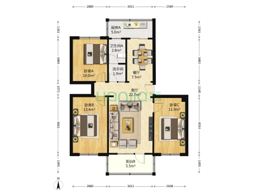 兰州市商校家属院 3室2厅2卫 89平方