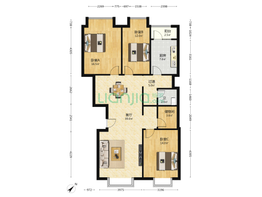 川剧团宿舍 3室1厅1卫 128平方
