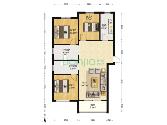 湖畔名居 3室1厅2卫 128平方
