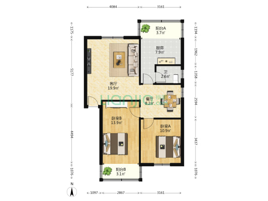 富南小区 2室2厅1卫 80平方