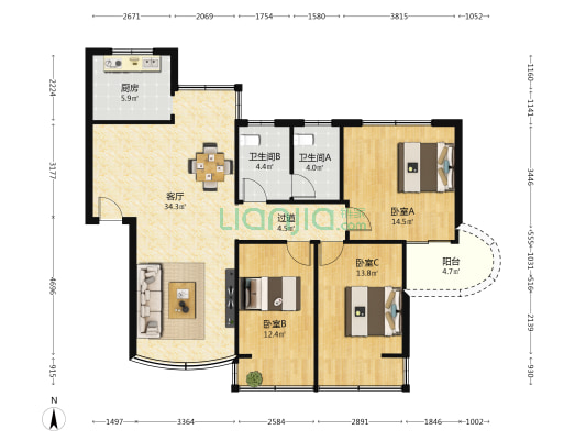银河苑 3室1厅2卫 116平方