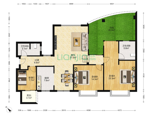 置信丽都花园D区 3室1厅2卫 166平方