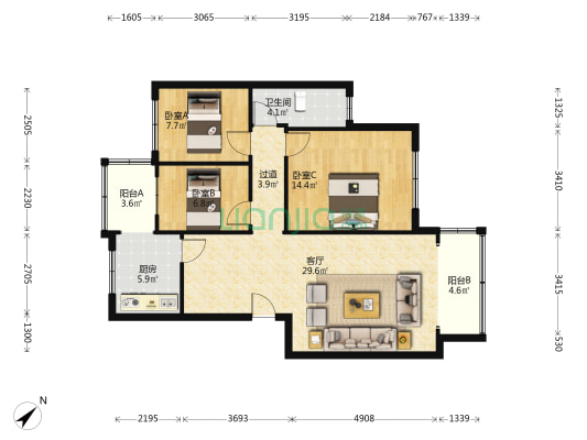 德阳中学 3室1厅1卫 102平方
