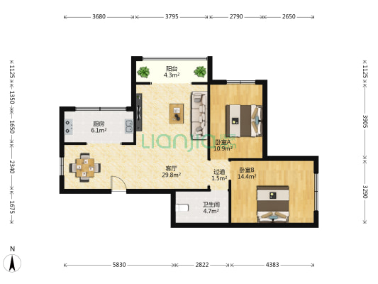 中央名邸 2室1厅1卫 100平方