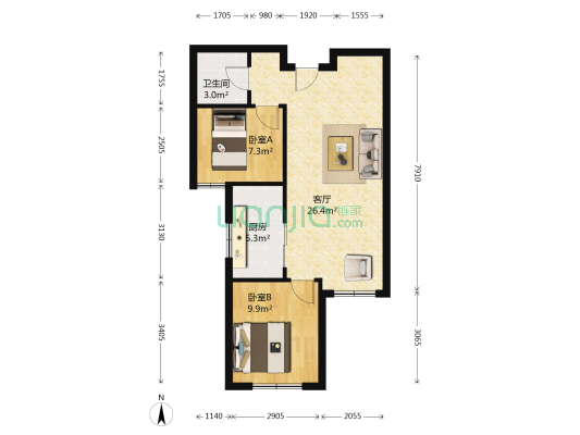 元森北新时代(6号院) 2室1厅1卫 70平方