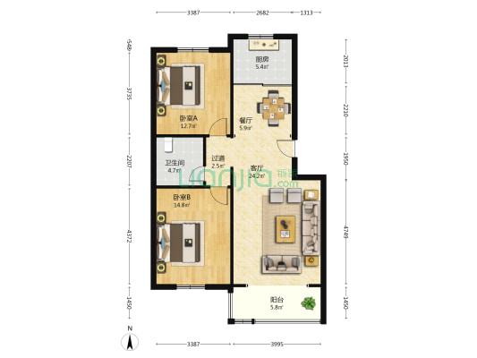 水岸花园 2室2厅1卫 93平方