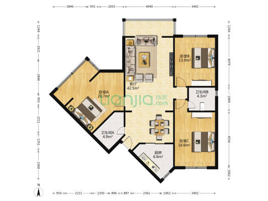 川锅科技园 3室1厅2卫 125平方