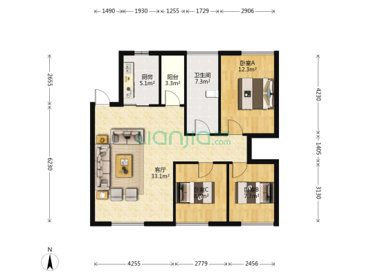名城花园 3室1厅1卫 124平方