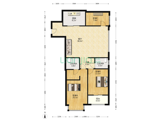 兆荣创业园 3室1厅2卫 140平方