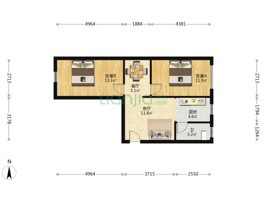 辽东AB 2室2厅1卫 68平方