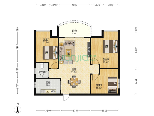 现代城 3室1厅1卫 102平方