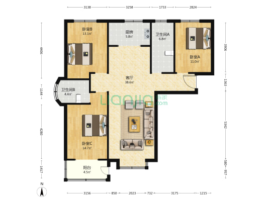 城市印象 3室1厅2卫 132平方