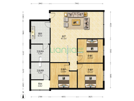 嘉宏花园 3室1厅2卫 140平方