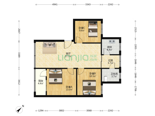德隆小区 3室1厅1卫 95平方