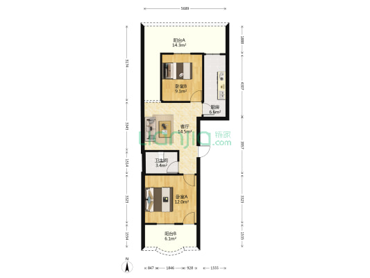 临江新天地江景苑 2室1厅1卫 60平方
