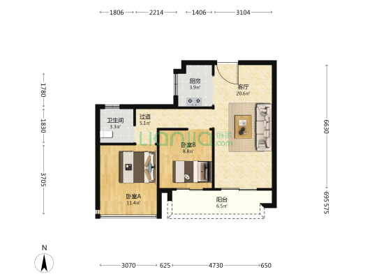 豪璟园 2室1厅1卫 78平方