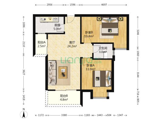 福华苑 2室1厅1卫 91平方