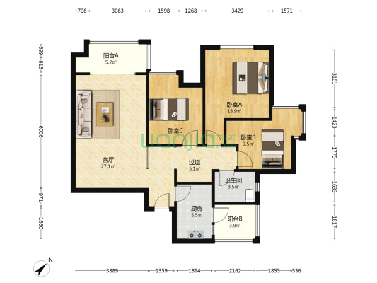 龙祥凤凰城 3室1厅1卫 103平方