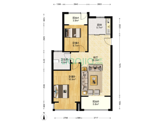 银河湾紫苑 2室1厅1卫 85平方