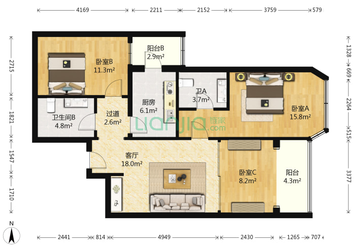 3室1厅2卫111.27㎡-北京芳林苑户型图