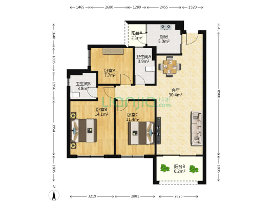 龙光玖龙府一期 3室1厅2卫 96平方