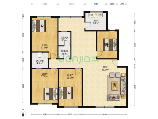 国土资源局小区 4室1厅3卫 164平方