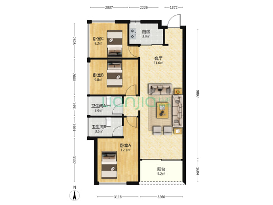 夏日华府 3室1厅2卫 94平方