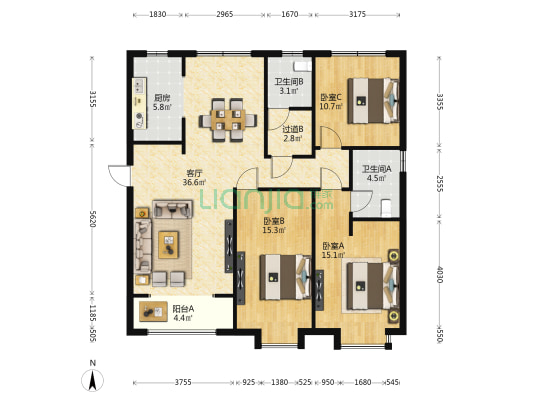 吴家堡二号院 3室1厅2卫 138平方