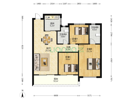南飞鸿蓝庭序 3室1厅2卫 112平方