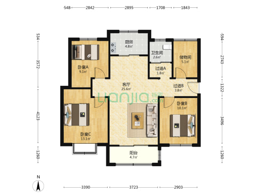 颐城华府 3室1厅1卫 109平方