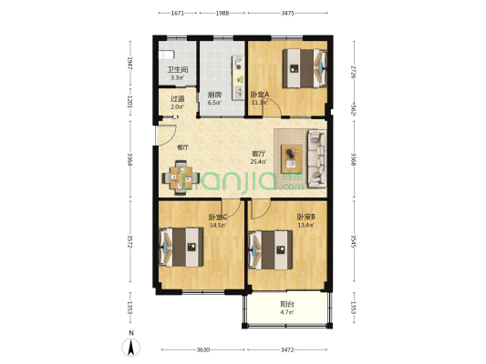 海亚相府花园 3室1厅1卫 106平方