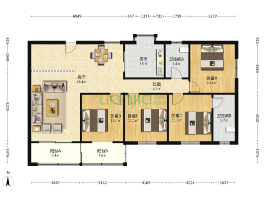 市政公司宿舍 4室1厅2卫 140平方