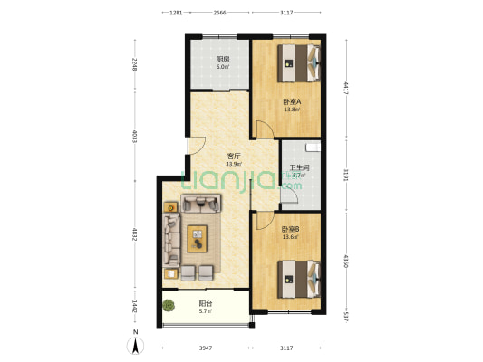 怡景晟苑 2室1厅1卫 96平方