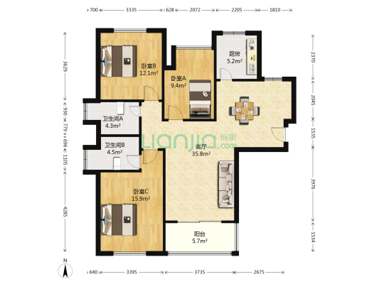 优山美地 3室1厅2卫 106平方