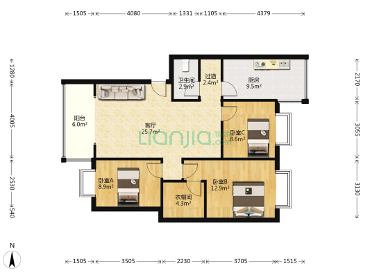 长流河小区 3室1厅1卫 96平方