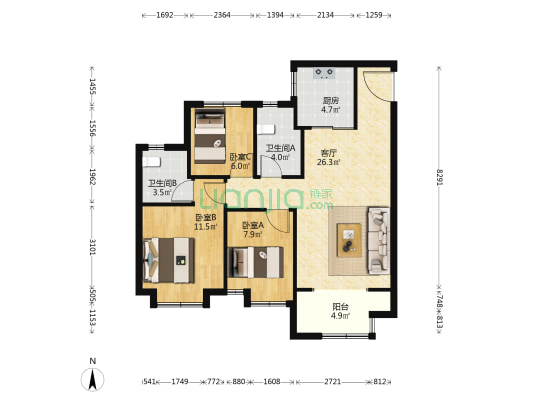 中梁石榴滨海湾 3室1厅2卫 107平方